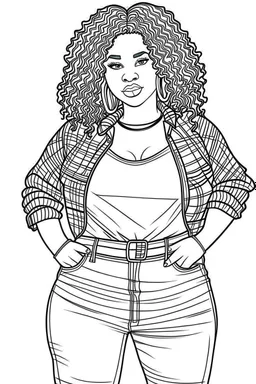 black curvy woman eyes front camera coloring page fashion style full body