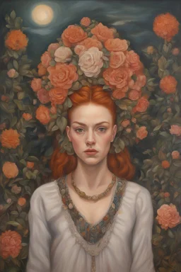 Ginger hair Alexandra "Sasha" Aleksejevna Lussin , oil paiting fantasy psychology dream, symptom, paint Salvador Dalí style in the New York City erect Frida Kahlo style