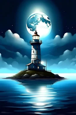 Create 2d Digital Arts of light house in the sea and moon is shinning and sky light are reflect the light house