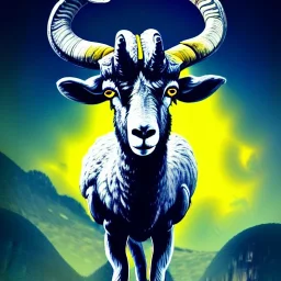 A bighorn sheep ram warrior full blue and yellow body armor with fierce and wild look, highly detailed, digital art, sharp focus, trending on art station, standing on all fours with one hoof on an american football, field of grass, background mountain peaks sunset sky of blue and yellow, design by charlie bowater, ross tran, artgerm, and makoto shinkai, detailed, colors #003594 #FFA300 #FF8200 #FFD100 throughout