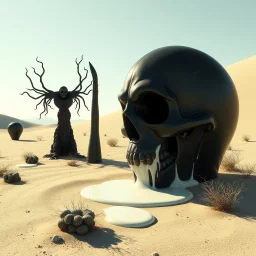 Dark, creepy, 3d, surreal objects in a bright environment, desert, noon light, melting cream, Yves Tanguy style