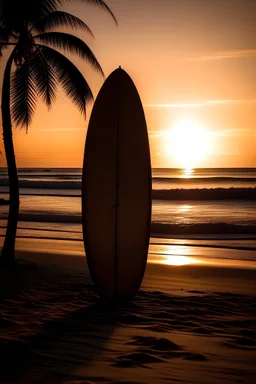 Image of beach, coconut tree and a surfboard at sunset