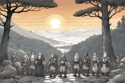 [comics Andrew MacLean style] At the crest of the hill, under the watchful gaze of the setting sun, a motley crew of courageous souls stands assembled. The short bald dwarf healer, his weathered features etched with ancient knowledge, surveys the group with a keen eye. Beside him, the female Elf radiates an aura of forest magic, her eyes alight with the wisdom of the natural world. Opposite the Elf, the female thief from the dark city moves with a grace born of shadows, her pres