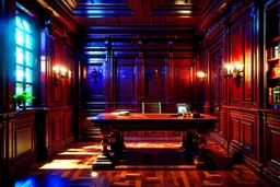Picture of a study with mahogany panelled walls, a large desk and a heavy wooden door, photorealistic, dark fantasy, 4k