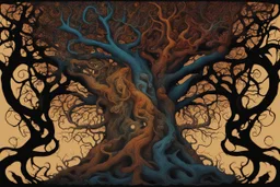 gnarled and twisted tree of life with faces and bodies crawling out of the trunk and branches, deep colour, in the multiverse