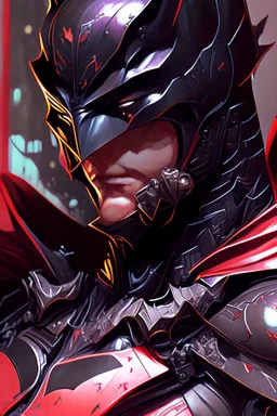 a close up of a person wearing a batman costume, batman mecha, black and reddish color armor, masayoshi suto and artgerm, heise-lian yan fang, by Ross Tran, cyberpunk batman, artgerm and ben lo and mucha, ross tran and bayard wu, ornate gothic armor, by Ye Xin