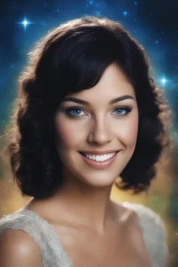 full color, facial portrait, smiling 18-year-old Lenna Nimoy with (((Black Hair))), (((blue eyes))), 32k, UHD, Professional Photo -- Botany - Starry - Retro Pop - Dark Fantasy - Horror - Festive - Realistic - 32k, UHD, professional quality, 8 x 10 digital photograph