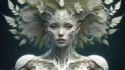 3D render ultra detailed of a beauty white glossy, swoman DRYAD, from knee to head, biomechanical cyborg, analog, 35 mm lens, beautiful natural soft rim light, big leaves and stems, roots, fine foliage lace, colorful details, samourai, earring, heavely tattoed, intricate details, mesh wire, mandelbrot fractal, facial muscles, cable wires, microchip, badass, hyper realistic, ultra detailed, octane render, volumetric lighting, 8k post-production, red and white, detailled metalic bones, semi human