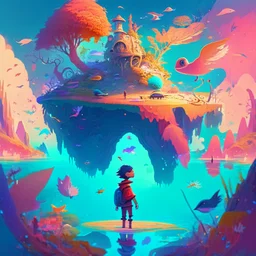 A vibrant, inspired illustration of a magical, dreamlike world, with floating islands, enchanting creatures, and a young protagonist embarking on a journey of self-discovery, evoking the imaginative and emotional storytelling found in animated cinema, 4k, high resolution, full details