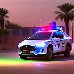 A police Tesla Cybertruck is chasing a Tesla 'Model S Plaid' at top speed, across 'Jemaa el-Fnaa', in Marrakesh. CINEMATIC. WIDE ANGLE LENS.