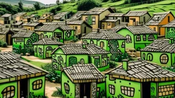 An olive green village with wooden houses painted by Keith Haring