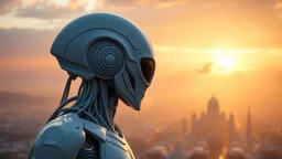Photoreal Gorgeous godlike white alien cyborg looking over a futuristic city on the horizon in mystical haze at golden hour , otherworldly creature, in the style of fantasy movies, photorealistic, bokeh masterpiece smooth shading, ultra detailed, high resolution, cinematic, unreal 6, subtle shadows, octane render, 8k, cinema 4d, HDR, dust effect, vivid colors