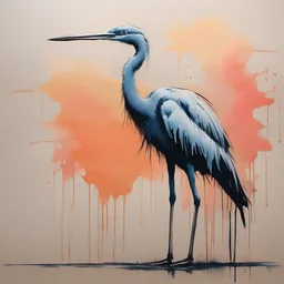 graffiti sketch of a long-legged heron on cardboard, minimalism, pastel duotone colors, loose brush stroke watercolor, sunset, reflective, wet sponge, diffusion paint wash, dramatic, by Banksy