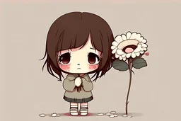 cute sad lonely chibi girl holding a sad flower