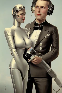 american dream painint man holding a robot wife1950s
