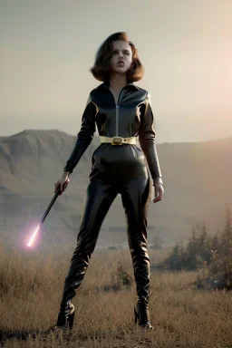 retro portrait image from 1960, explosion background, long hair, young Scarlett Johansson, classic black tight lycra suit, metal stick weapon, gold bracelet and belt, high heel boots, soft color, highly detailed, unreal engine 5, ray tracing, RTX, lumen lighting, ultra detail, volumetric lighting, 3d, finely drawn, high definition, high resolution.