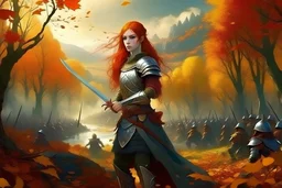 Painting of serious Redhead young woman fantasy queen with her sword and her army in autumn in a hill