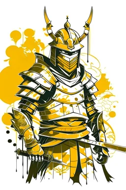 Shirt artwork. A (((Samurai Boy))), anime-style design with a simplistic background (((White Background))), featuring mostly vibrant gold as the dominant color