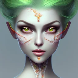 woman, heroic fantasy, insanely detailed, orange and white hair strands, green eyes, kind, shy