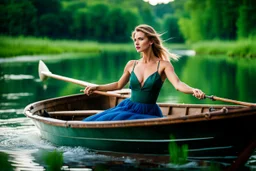 shot from front ,green field and wild flower field ,(A German beauty , with a melon seed face and wearing a blue camisole long skirt. She has a slender figure, beautiful makeup, and elegant temperament sitting in a boat and movin her hands as if she is dancing while sitting in boat in water toward camera in trees next to wavy river with clear water and nice sands in floor.camera capture from her full body front, spring blosom walking to camera ,wild flowers moving in the wind ,blue sky,moving p