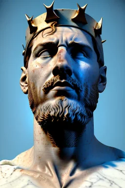 Ultra Realistic image, Roman sculpture, white marble material, Lionel Messi, gold crown of natural thorns, god crown, Renaissance style, sun rays background, waist up portrait, epic, celestial, cinematic lighting, God lights, 4k resolution, smooth details, soft lighting, unreal engine 5, art station, substance 3d.