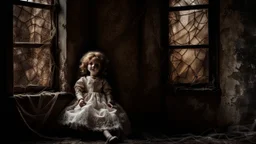 an old, dirty, worn (porcelain doll sitting in a beautiful lace dress) in a broken, dirty window, spiderweb, abandoned old room, dark surreal atmosphere, dull lights, dark colors sinister , surrealism, matte background