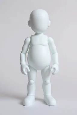 a standing animated figure (head molded into shoulders, no neck, a completely flat face area, stubby legs, bulky arms, no painted details, white in color) vinyl art toy