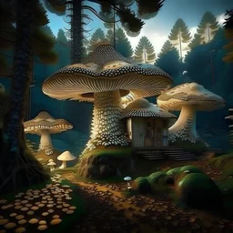 realistic like a photo image with light colours muschroom like a house forest fractals
