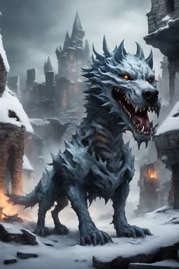 frost hellhound with hydra multiheaded in ruins of medival town