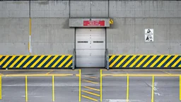 wall design for parking garage, concrete, yellow painted hazard lines, weathering and water stains, in middle is a steel man-door to a stairway, with a sign is above. rough painted hashmarks and parking lines, add signage found in a parking garage.