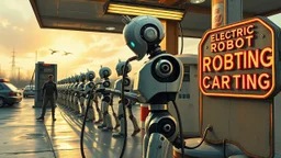 A cinematic wide-angle oil painting of a humanoid robot plugging a thick electric charging cable into its torso port at a futuristic charging station within a retro-style gas station. A long line of identical humanoid robots stands patiently behind, waiting for their turn to recharge. A large vintage-style sign to the side reads 'Electric Robot Charging Station.' The scene is bathed in golden-hour lighting, with rich, noisy colors, expressive thick brushstrokes, intricate steampunk elements, glo