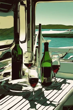 a table bottle of wine on a boat digital art