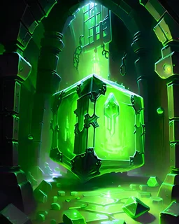 gelatinous cube in vast iron dungeon corridor lit with green torches rpg art painterly