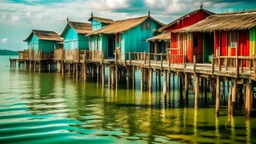 Traditional multi-colored stilt houses floating on crystal-clear turquoise waters, weathered wooden walkways connecting the houses like a web of water, fishing boats moored between barnacle-covered stilts, clothes hanging on the line fluttering in the sea breeze, sunset reflections on the calm waters, ethnographic photography style