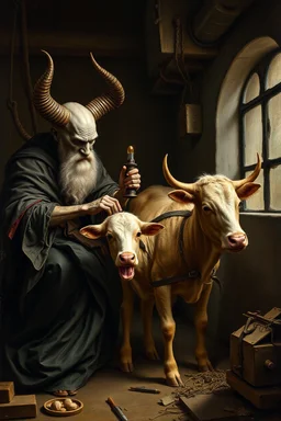 Satan kidnapping young holy calf while medicating holy old cow, inside science factory, painted by Rembrandt