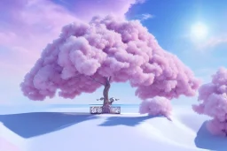 snow, pink castel and at right pink tree