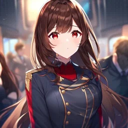 Clear Focus, High resolution, glowing red eyes, wearing a train conductor uniform, long dark brown hair