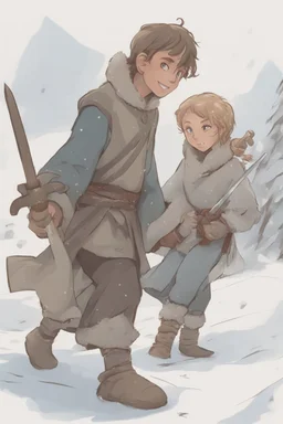 DnD style, two medieval peasant kids playing in the snow male and female, age 14 and 15, happy and playful, he has a short sword.