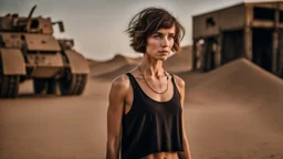 beautiful anorexic caucasian female technician, black tank top, well toned muscles, weathered face, scratched sand camo metal details, short brunette wavy bob haircut, dystopian, desert scene, using a handheld sensor