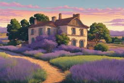 museum quality color woodcut landscape of a fanciful 18th century ramshackle French country farmhouse nestled amidst the lavender fields of Provence, on a blissful summer morning, in the style of Gustave Baumann, with a fine art aesthetic, highly detailed, finely cut ,8k render, soft early summer colors