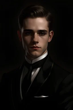 Ein Porträt von einem Prinzen mit kurzen, dunklen Haaren und silbernen Augen. Er trägt einen schwarzen Anzug mit einem schwarzen Hemd mit Manschettenknöpfen.