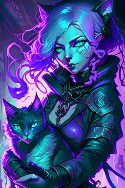 a pastel work of art in the style of a comic book featuring a female cyberpunk wizard with flowing purple hair and glowing eyes. She is holding a cat, The colors of the scene should be vivid and varied. Mabinogi