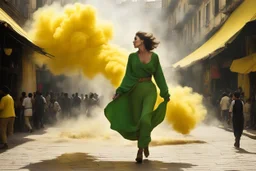 Her bended figure emerged from the chaos, surrounded by the swirling backdrop of yellow dust and billowing smoke that cloaked the attack in the bustling yellow market plaza. An Italian woman clad in plush green trousers and a worn velvet pull-over, her back heaving with urgency, navigated the labyrinthine alleys with a grace born of desperation.