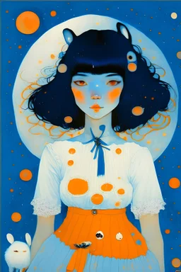 A very beautiful woman with blue-black hair. She lives on the moon and very under the rabbits. Her month is long and curly. She puts orange shadow over her eyes and blushes in blue. She is good at cooking. She wears white and orange clothes, a white skirt with a button in the shape of a rabbit, and light blue pants. She is 23 years old ،Her skin is,yellow. Her hair is long