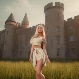 A photo realistic portrait of a stunning blonde, girl standing in front of a medieval castle