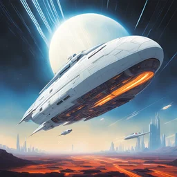 [art by Moebius] A massive white spaceship with round windows flies through the sky, leaving behind two long light trails, in a scifi style, realistic photography, concept art in the style of Blade Runner