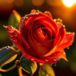 A beautiful rose with dew drops on it, sunset reflecting on the drops