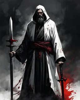 A priest stands amidst darkness, clad in a white and black robe stained with the blood of victims. He carries a massive sword in his cold hands, donning black glasses that conceal his dark eyes. His large black beard reflects years of wisdom and severity, leaving a trail of horror and mystery in every move he makes.