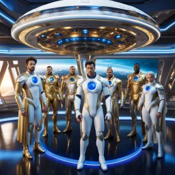 (masterpiece, best quality, 8k, RAW photo, beautiful and aesthetic:1.2), complex detail, Indirect light, photorealistic, (((full body))), Meeting of a group of Cosmic male gods smiling, Mixed, sci-fi and cyborg outfit with golden futuristic artifacts, white, blue and silver elements- Inside a great room of a flying saucer with a round hublot showing a galactic sunset
