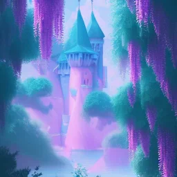 a pink castle, magical crystal pink castel, vertical light, pink and blue wisteria , pink vertical, blue lake,sharp, background vertical blue gradient vertical, elegant, highly detailed, artstation, concept art, smooth, sharp focus, illustration, 8k, splash art, wallpaper, key visual